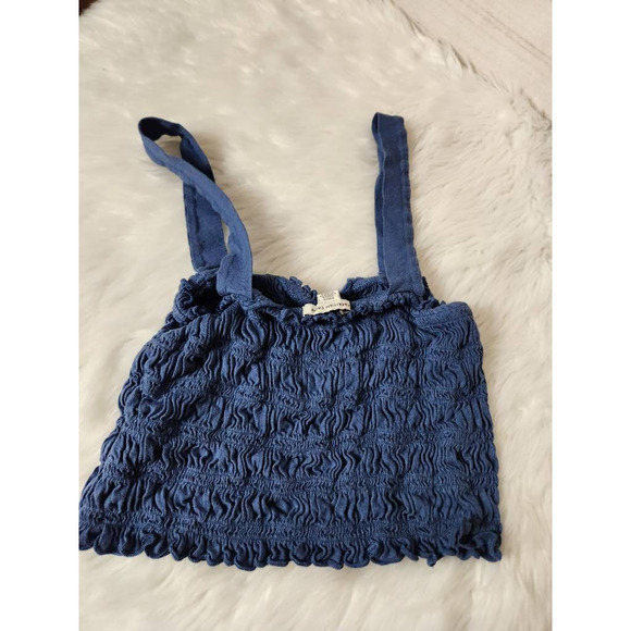 American Eagle Outfitters Womens Crop Top Blue Sleeveless Smocked Ruffles S - Picture 2 of 6